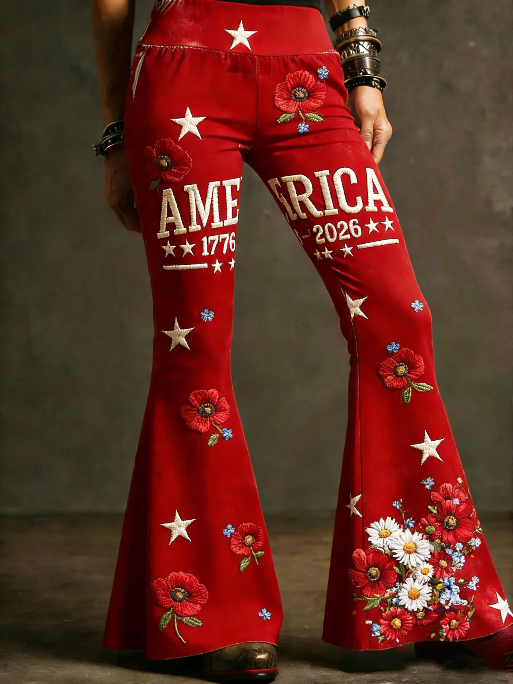 Women's patriotic flared trousers with flag print.
