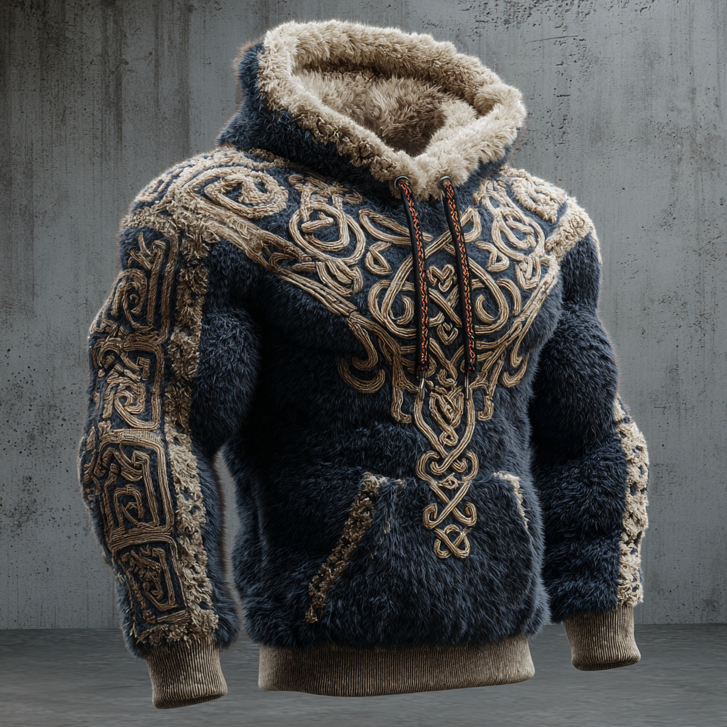 Men's Vintage Viking Tribal Jacquard Celtic Inspired Art Plush Warm Hoodie
