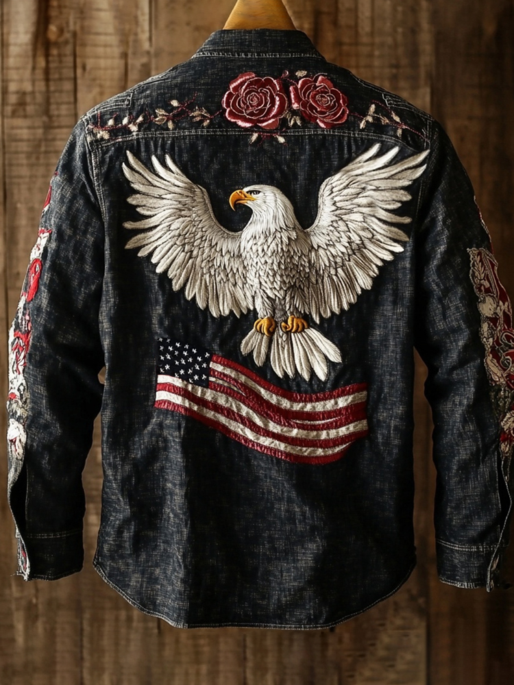 Independence Day Western Bald Eagle & Flag Embroidered Men's Jacket