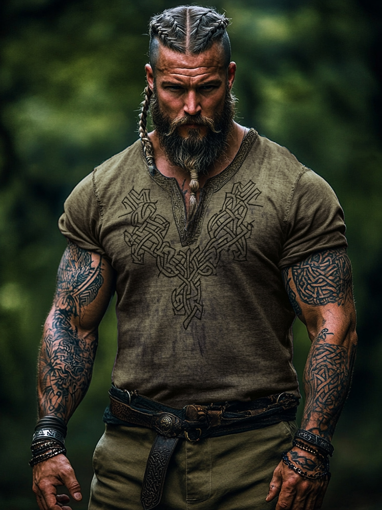 Men's Viking Tribal Graphics Henley Collar T-shirt