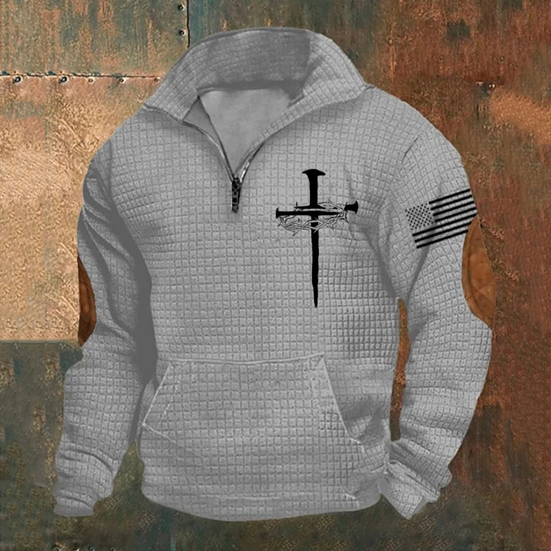 Men's Casual Vintage Art Cross Faith Zipper Checkered Sweatshirt