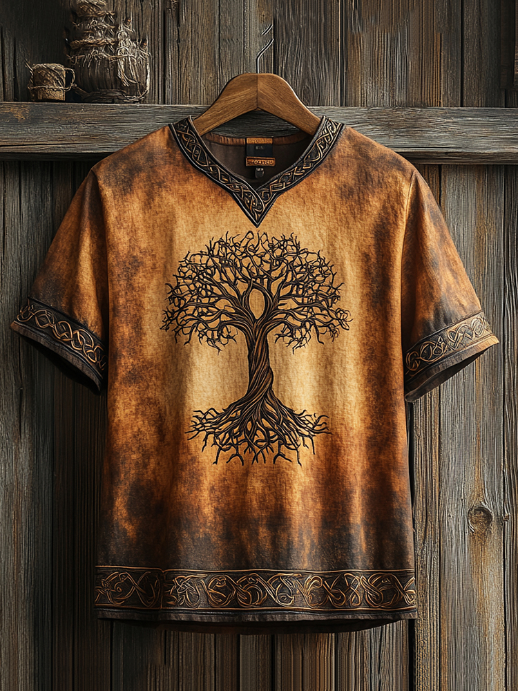Men's Viking Celtic Knot Art Linen V-neck T Shirt