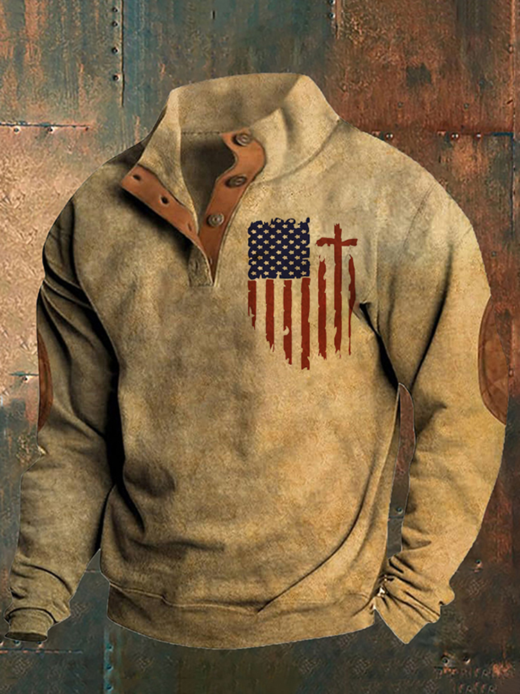 Men's American Flag Printed Stand Collar Half-Zip Sweatshirt