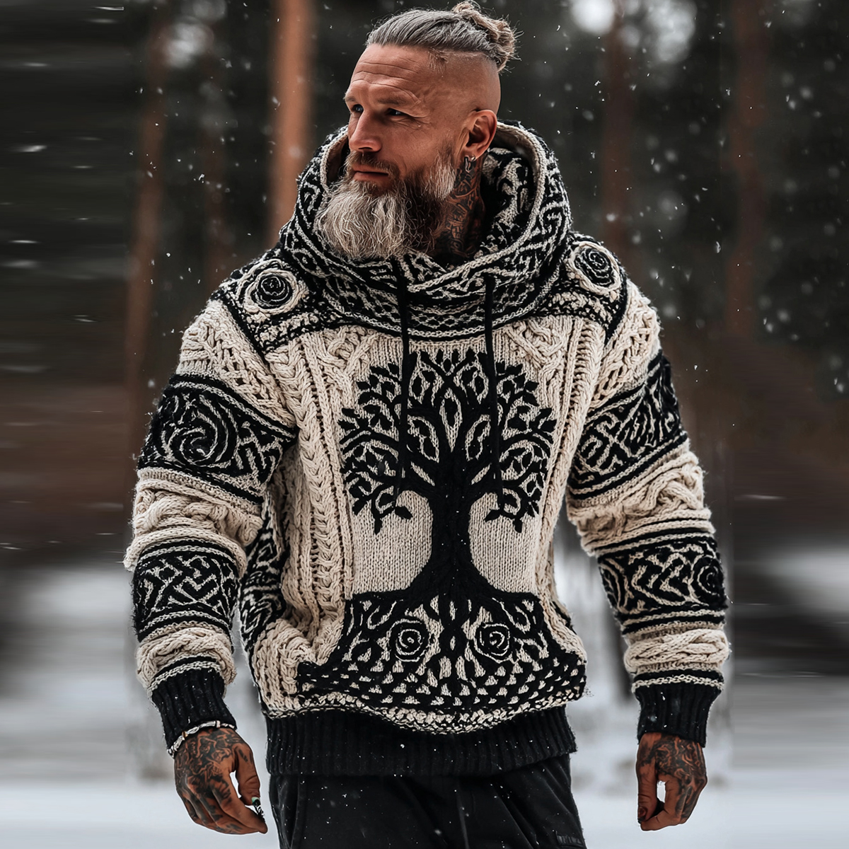 Men's Viking Tribal Jacquard Celtic With Rose And Tree Of Life Inspired Chunky Knit Hooded Sweater