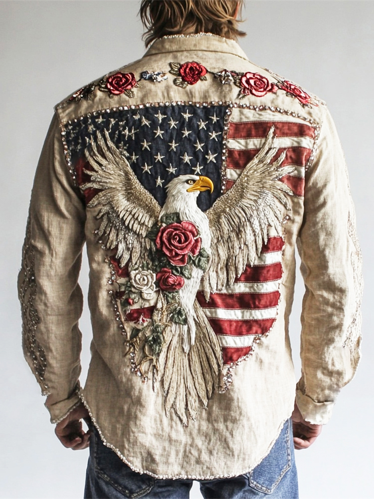 Vintage Western Flag & Bald Eagle Rose Embroidered Men's Jacket