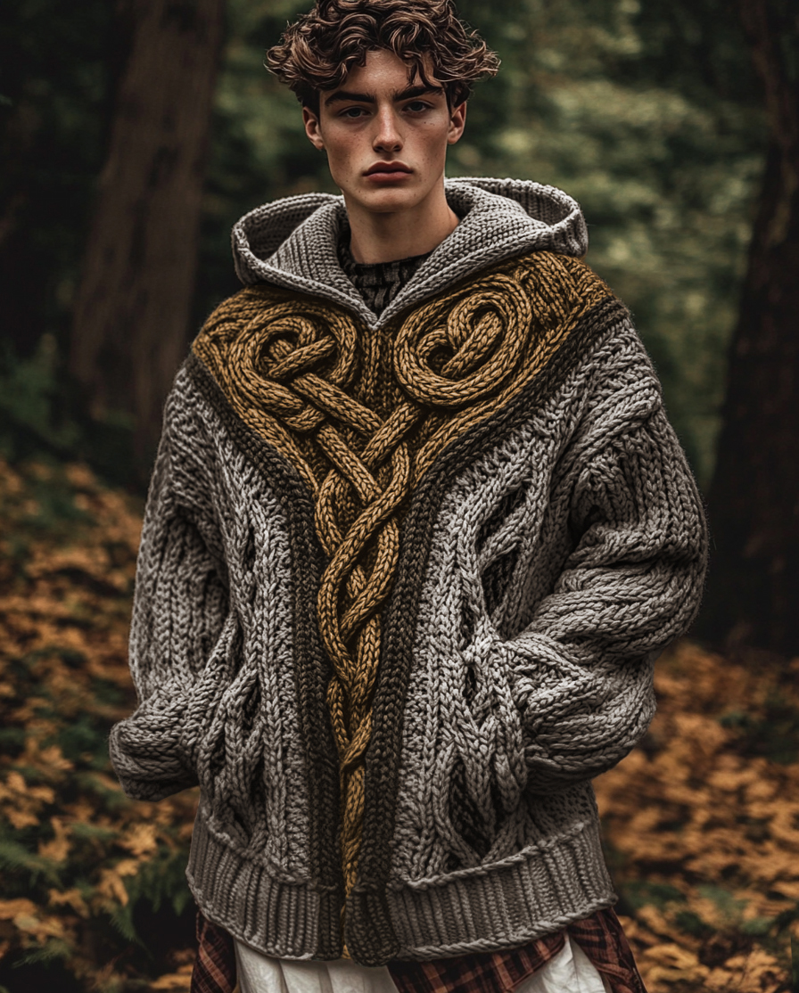Men's Vintage Irish Celtic Knot Jacquard Mottled Hooded Sweater