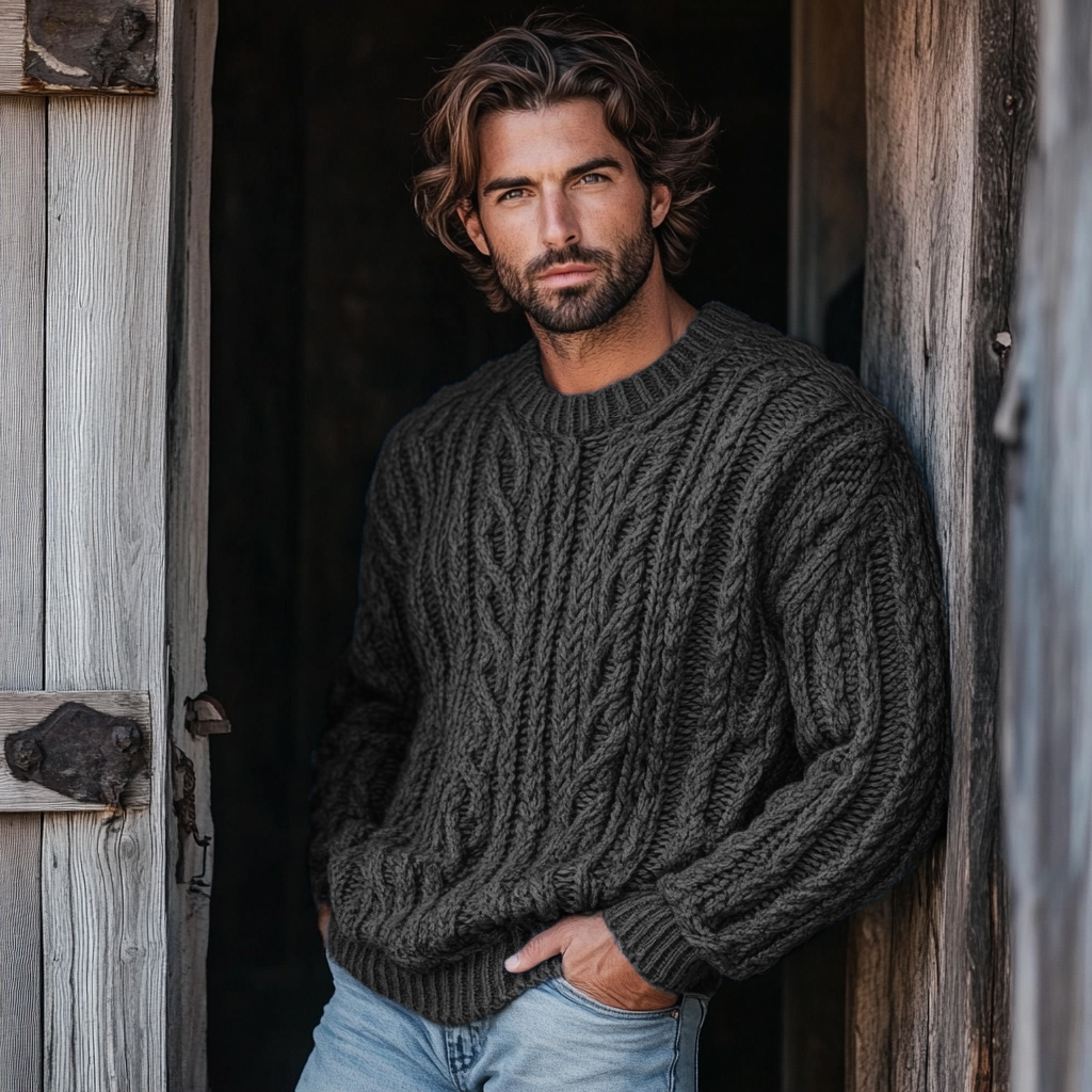 Men'S Burlap Jacquard Crew Neck Aran Sweater