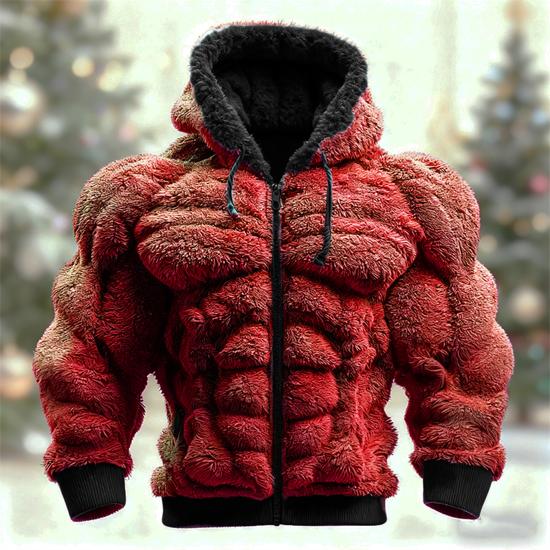 Men's Christmas Green Muscle Line Cozy Plush Full Zip Hoodie