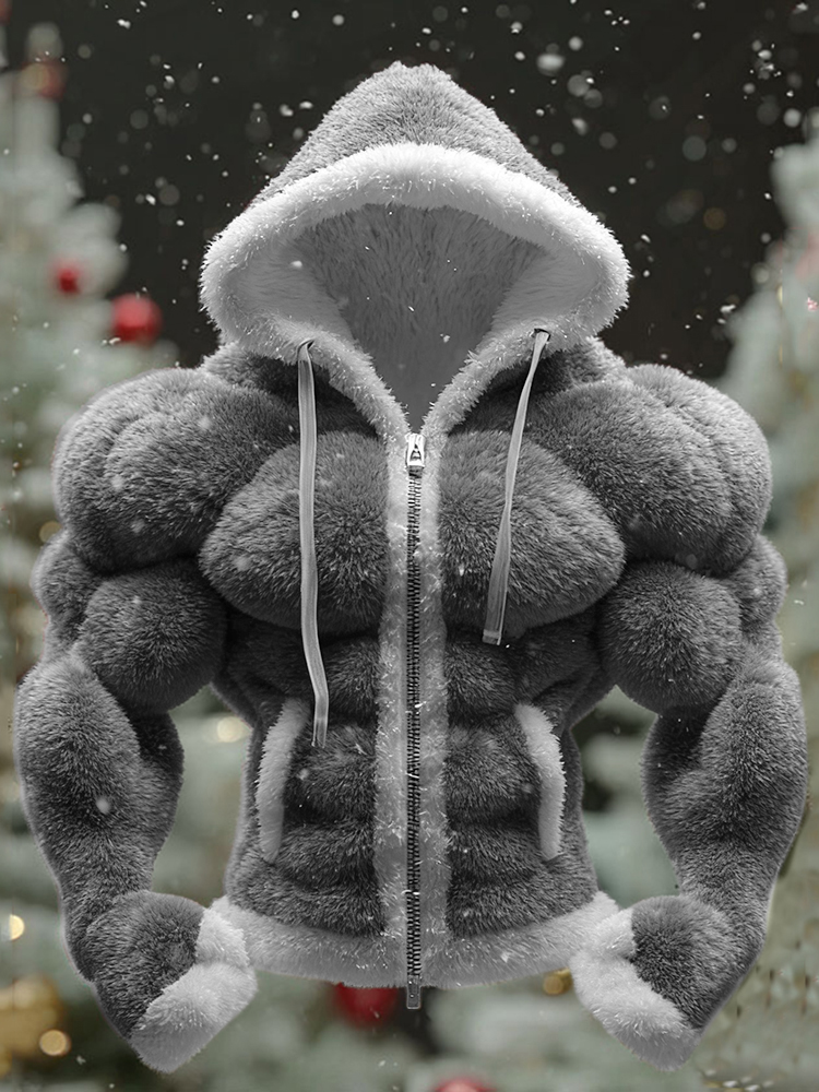 Men's Christmas Color Block Knitted Fur Collar Hooded Sweater