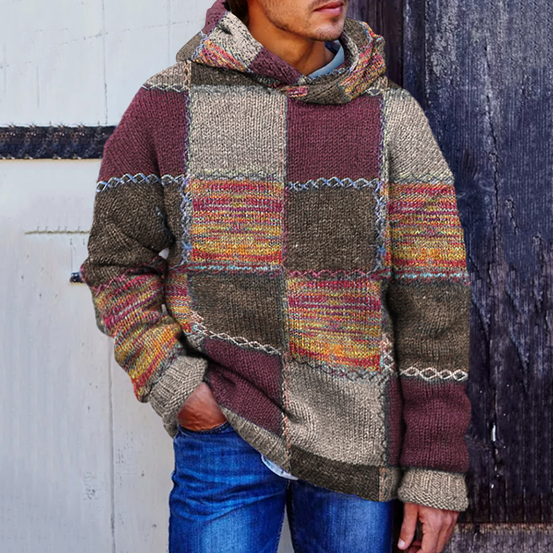Men's Vintage Patchwork Cozy Hooded Sweater