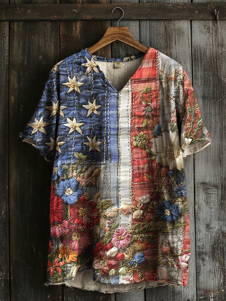 Men's Independence Day Flag Floral Cotton And Linen T-shirt