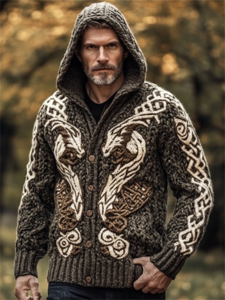 Men's Viking Wolf Celtic Chunky Hooded Cardigan