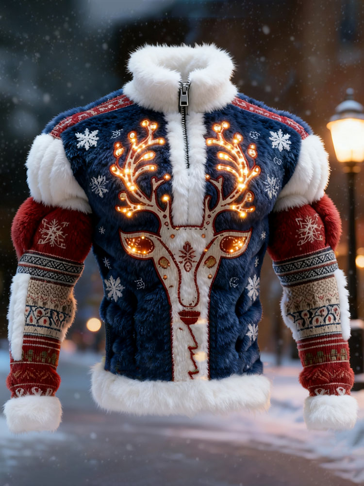 Men's Christmas Reindeer Color Block Zipper Sweatshirt