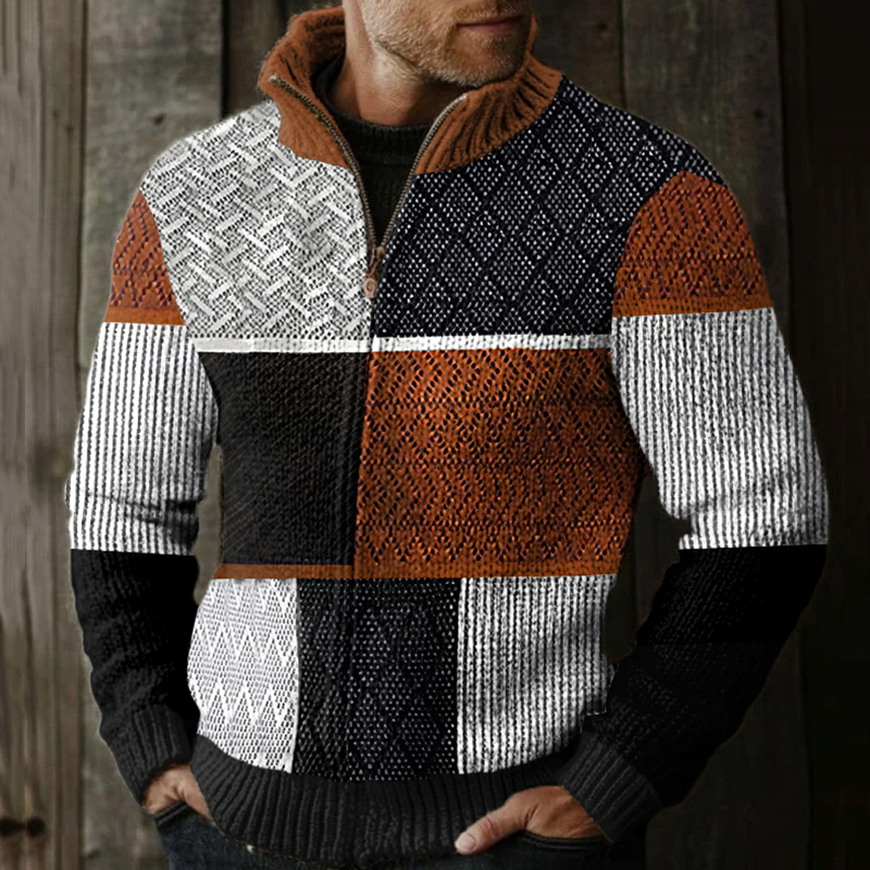 Men's Retro Tribal Western Textured Pattern Patchwork Zipper Sweater