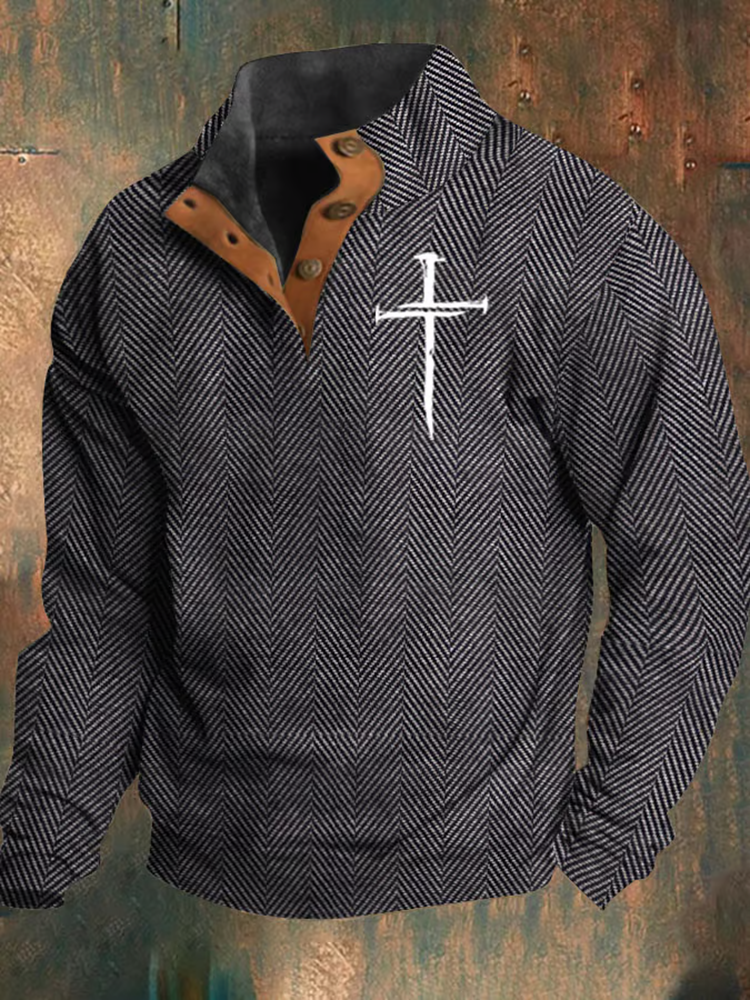 Men's Vintage Jacquard Herringbone Faith Design Print Stand Collar Button-Up Sweatshirt