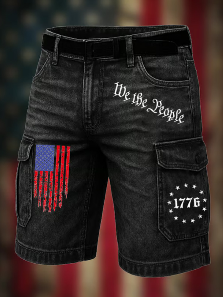 Men's Vintage Flag Independence Day Multi-pocket Print Cargo Shorts