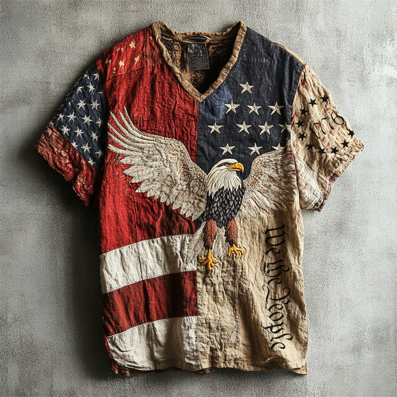 Independence Day Vintage Eagle Embroidered Patchwork Linen Shirt