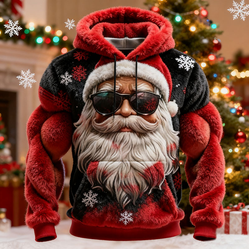 Santa Claus Print Color Block Plush Hoodie