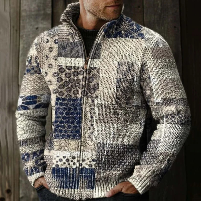 Men's Vintage Patchwork Design Pattern Zip Sweater