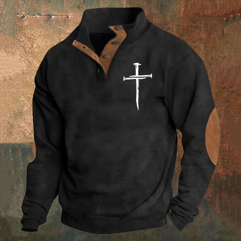 Men's Faith Cross Printed Stand Collar Button Sweatshirt