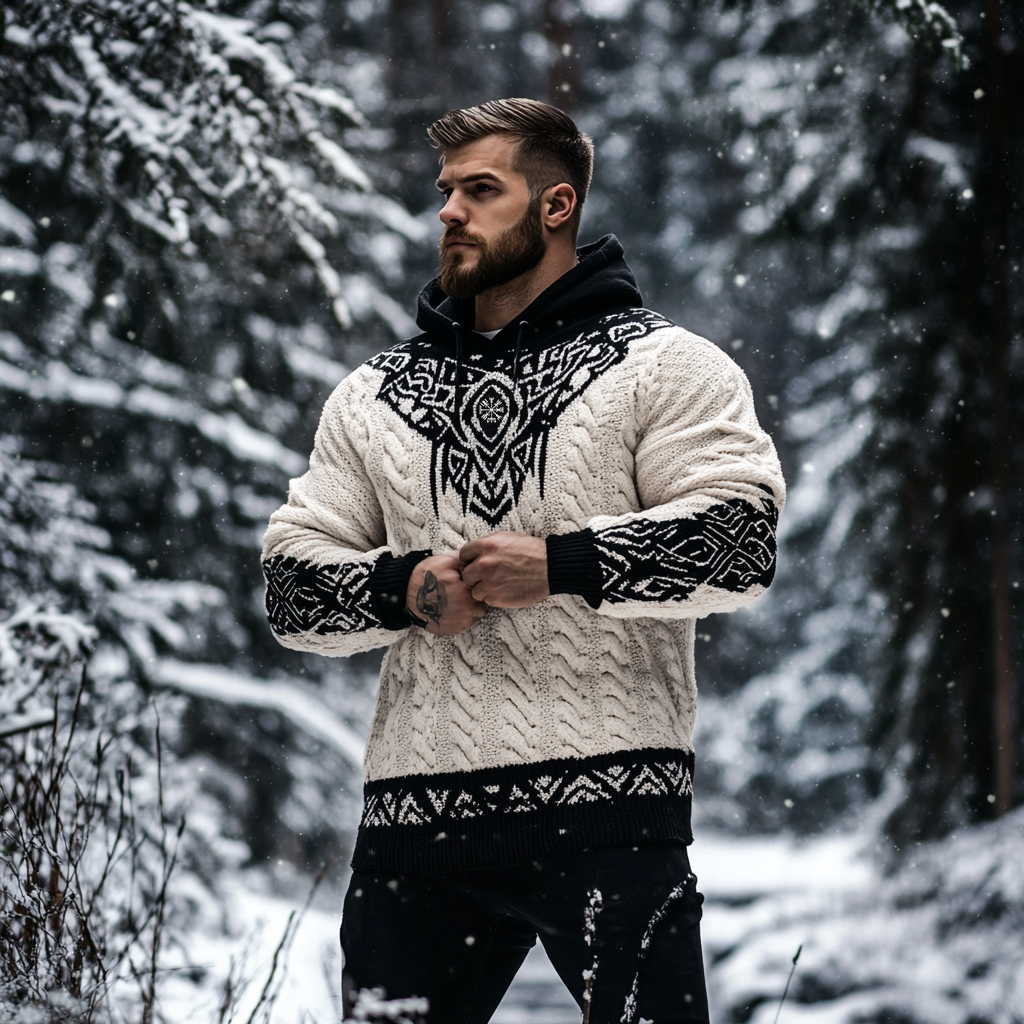 Men's Viking Tribal Jacquard Celtic Inspired Chunky Knit Hooded Sweater