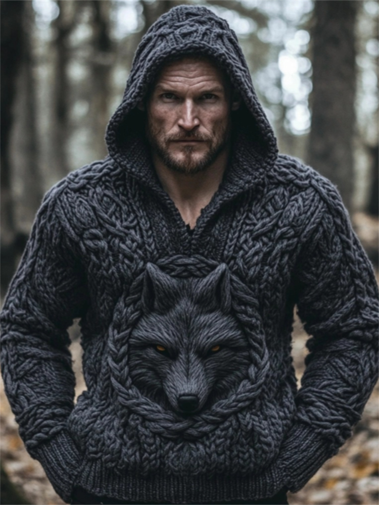 Men's Black Wolf Viking Celtic Chunky Hooded Sweater