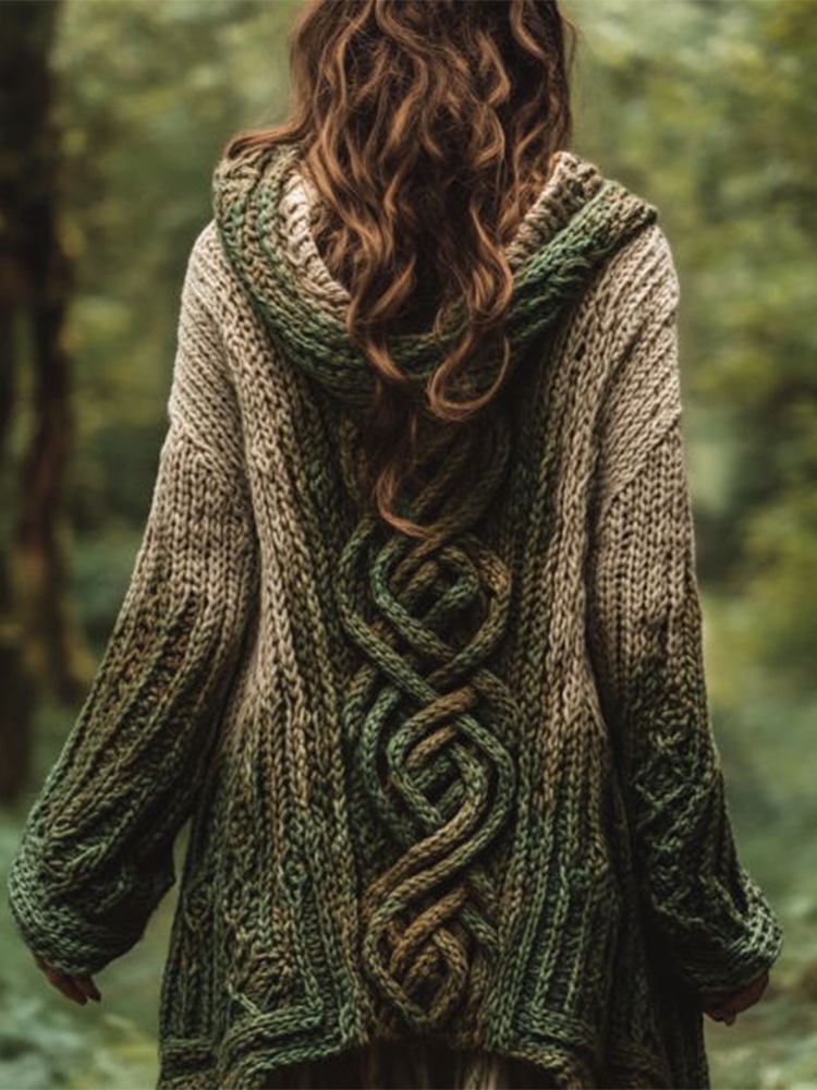 Women's Celtic Knot Gradient Color Cozy Knit Hooded Cardigan
