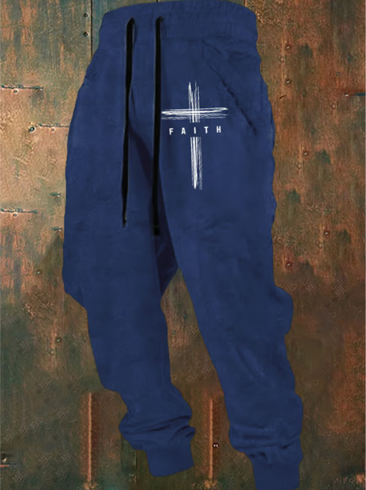 Men's Vintage Faith Faith Printed Elastic Waist Tie-Up Trousers