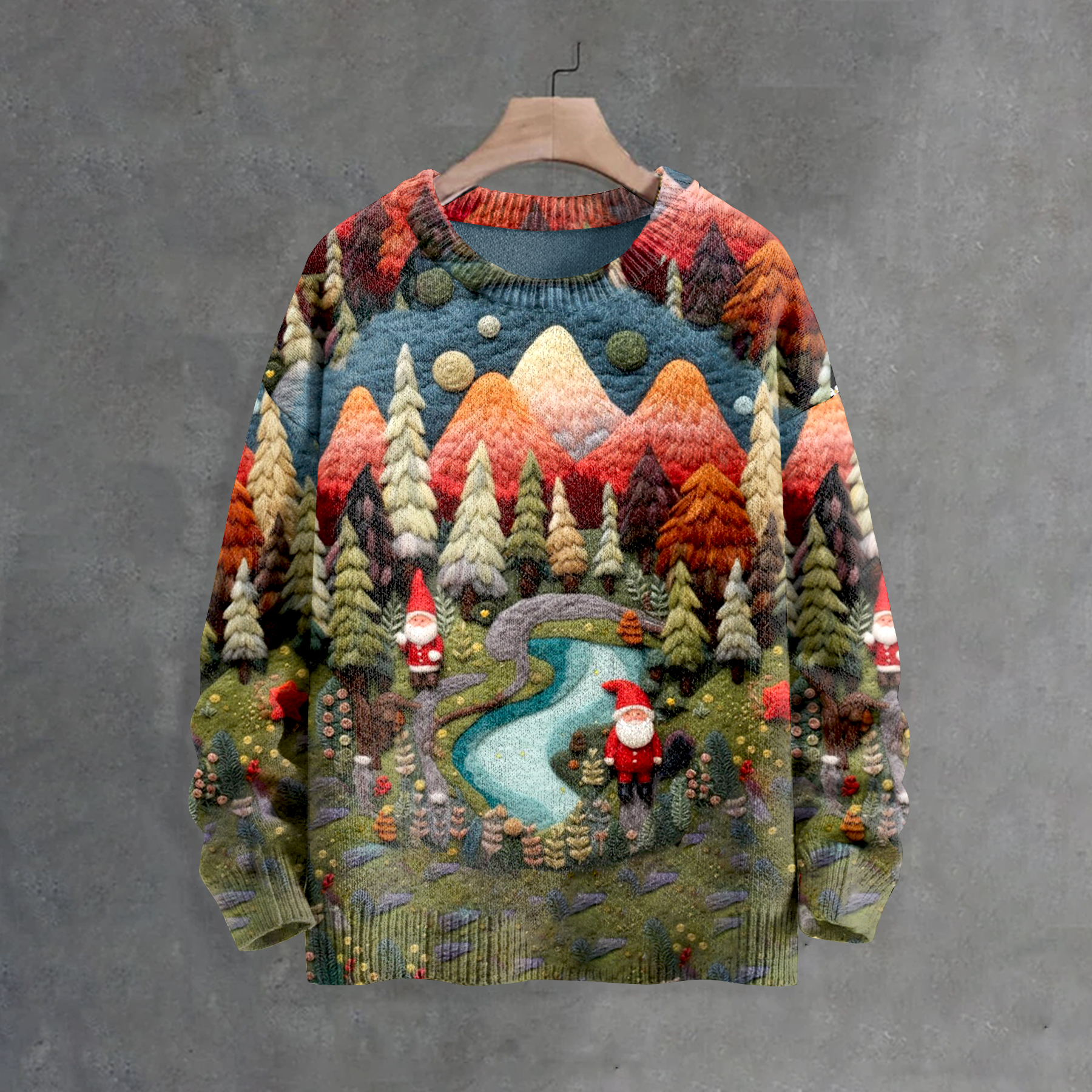 Men's Christmas Santa Claus In Countryside Embroidery Art Print Casual Knit Crew Neck Sweater