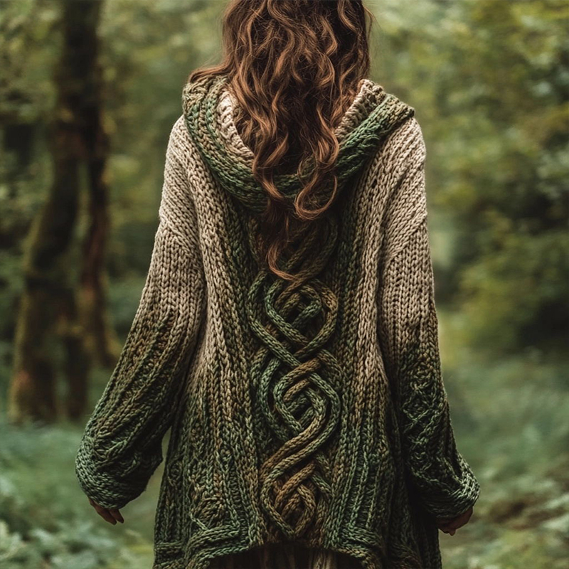 Women's Celtic Knot Gradient Color Cozy Knit Hooded Cardigan