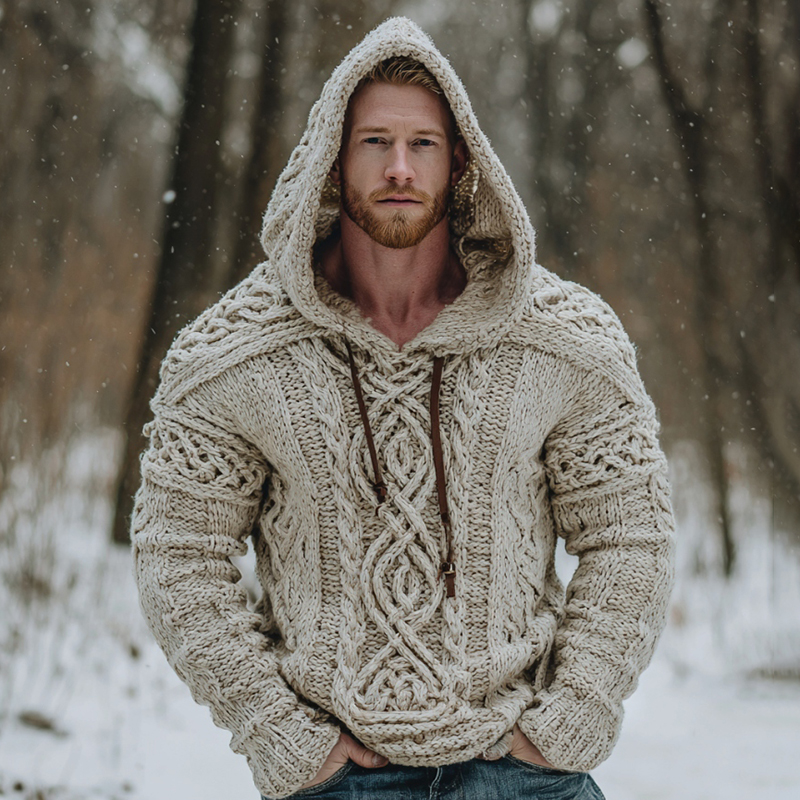 Vintage Fairman Island Celtic Knot Art Jacquard Thick Warm Hooded Sweater