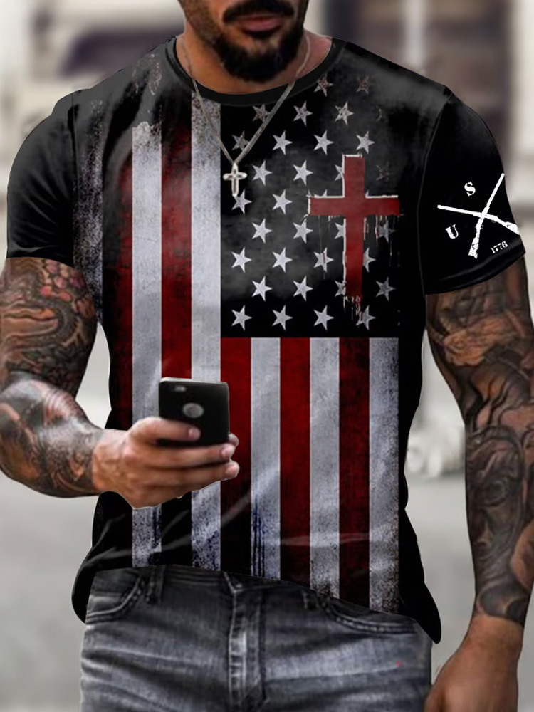 Men's Retro American Flag Cross 1776 Print T-shirt