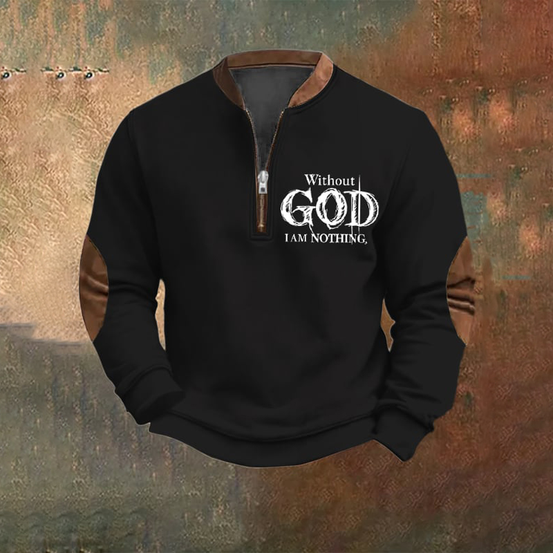 Men's Vintage Faith Without God I Am Nothing Printed Zip Collar Sweatshirt