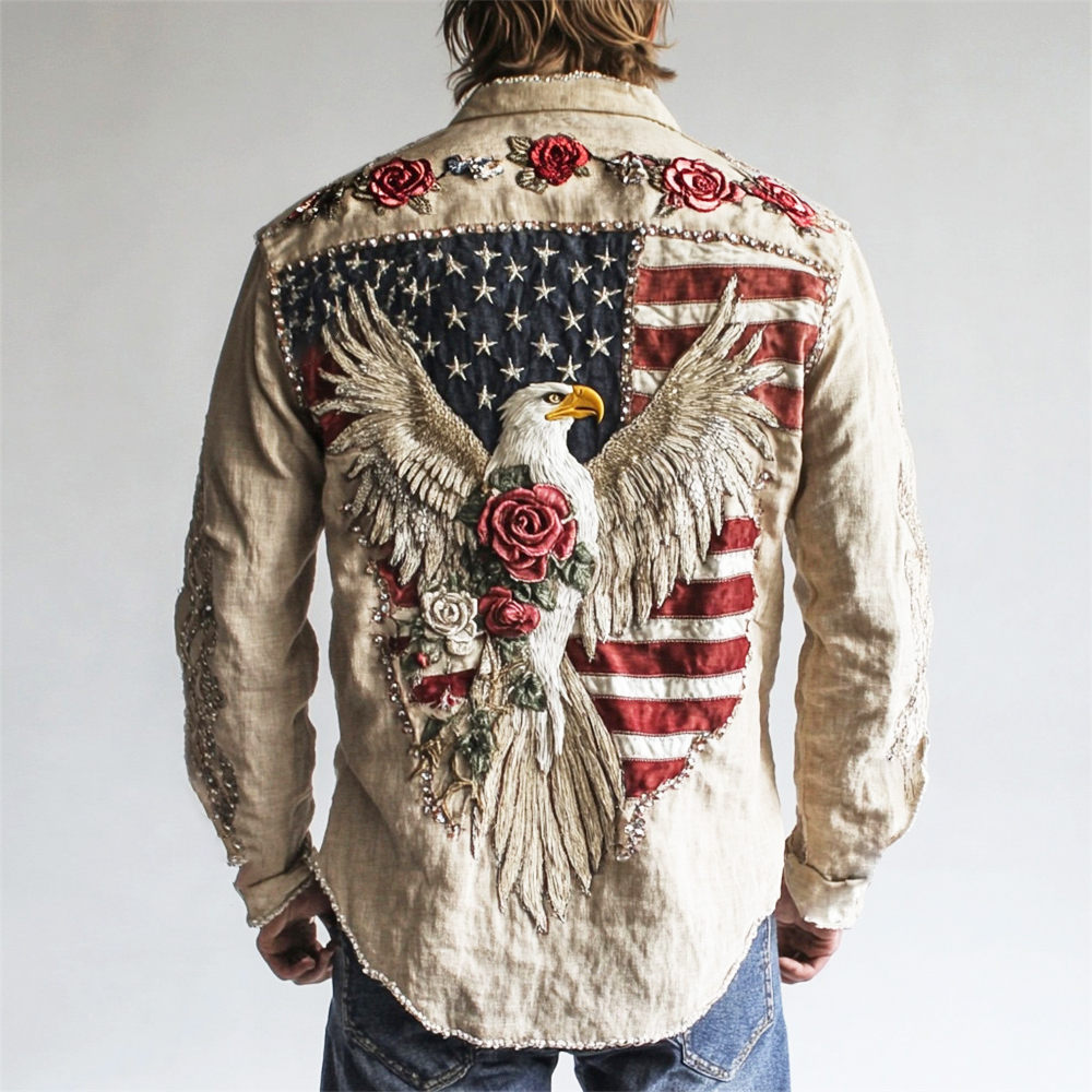 Vintage Western Flag & Bald Eagle Rose Embroidered Men's Jacket