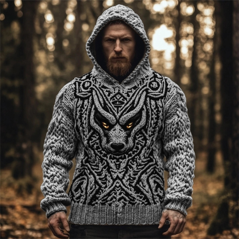 Men's Viking Wolf Celtic Cozy Chunky Hooded Sweater