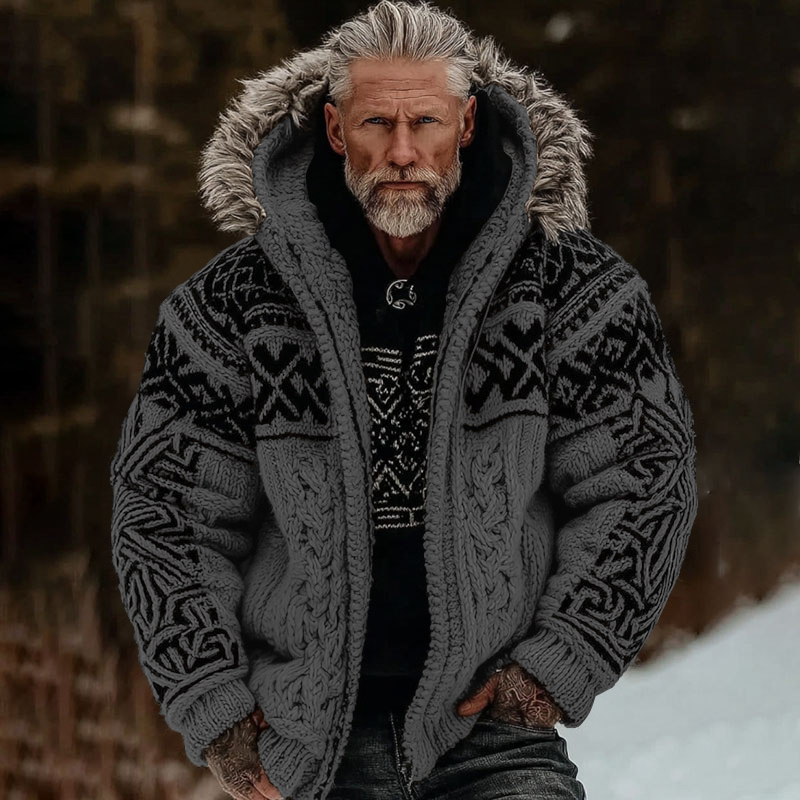 Men's Viking Celtic Art Cozy Fur Collar Knit Hooded Sweater Jacket