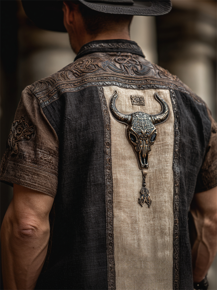 Men's Bull Skull Western Embossed Patchwork Linen Shirt