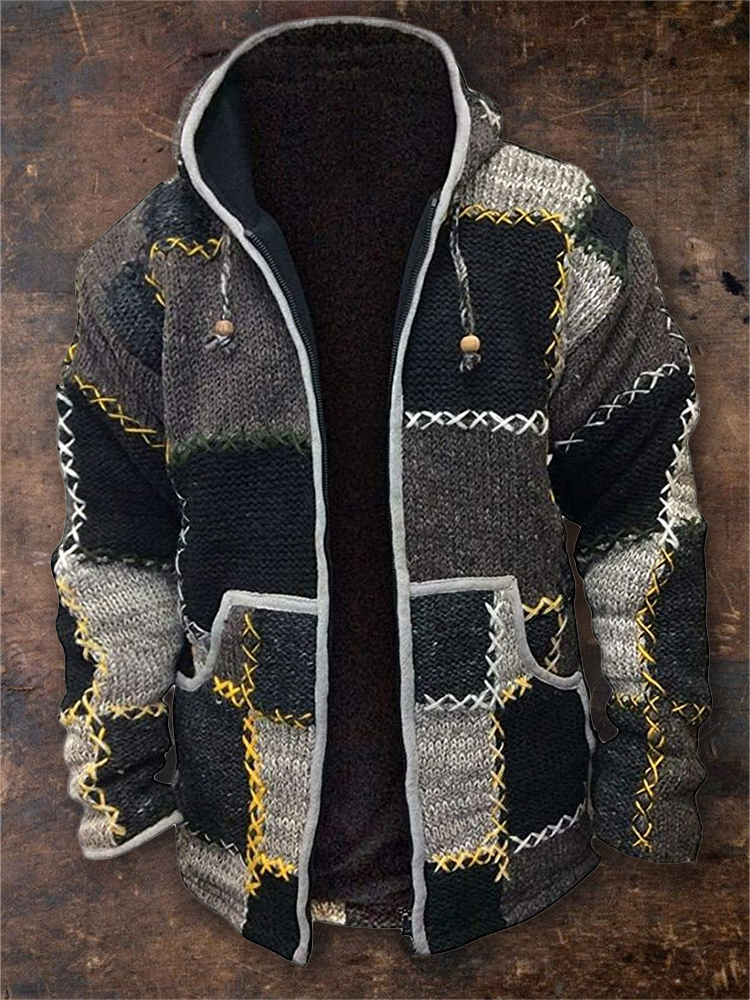 Men's Retro Colorblock Patchwork Stitched Cozy Hooded Cardigan