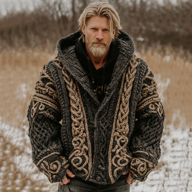 Men's Viking Celtic Geometry Pattern Art Knitted Hooded Sweater