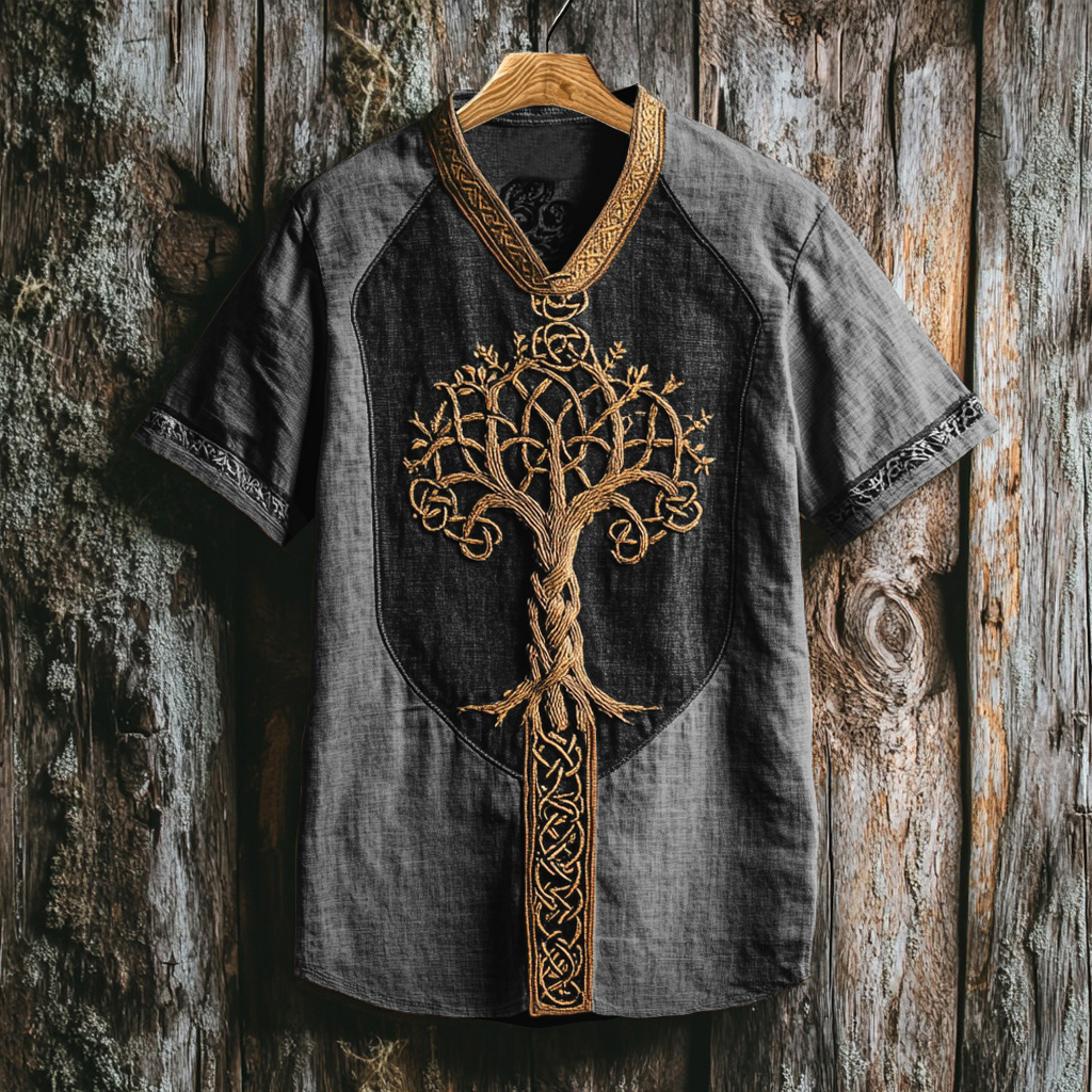 Men's Viking Life Of Tree Celtic Knot Art Linen V-neck T Shirt