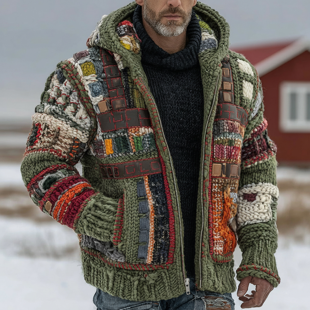 Men's Tribal Geometric Patchwork Knitted Warm Zip-up Hooded Sweater