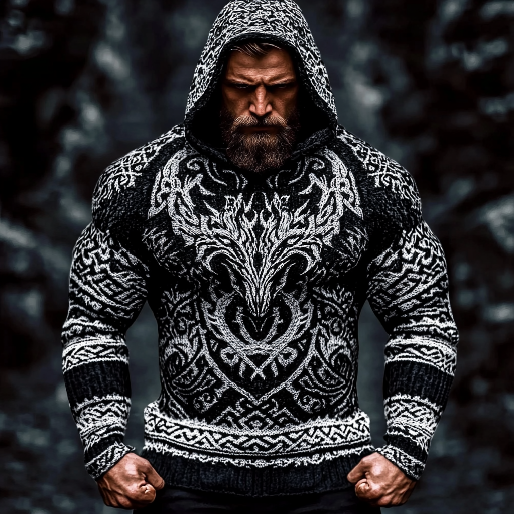Men's Viking Wolf Inspired Celtic Chunky Hooded Sweater