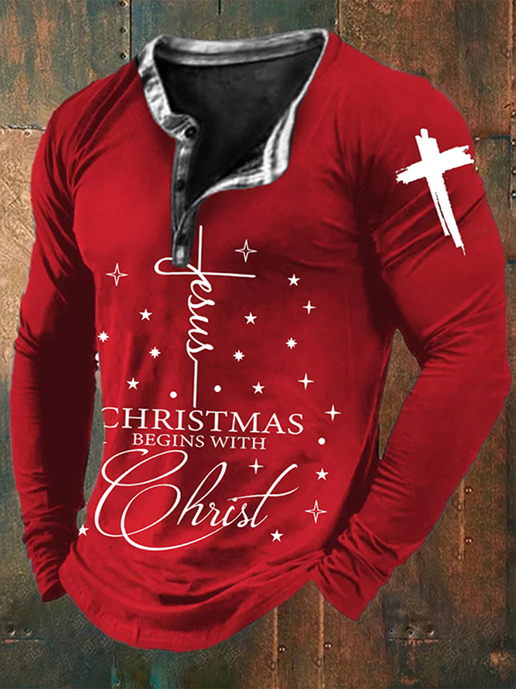 Men's Christmas Cross Faith Print  Long Sleeve T-Shirt