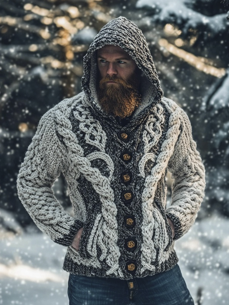 Irish Chunky Knit Pattern Men's Hooded Sweater