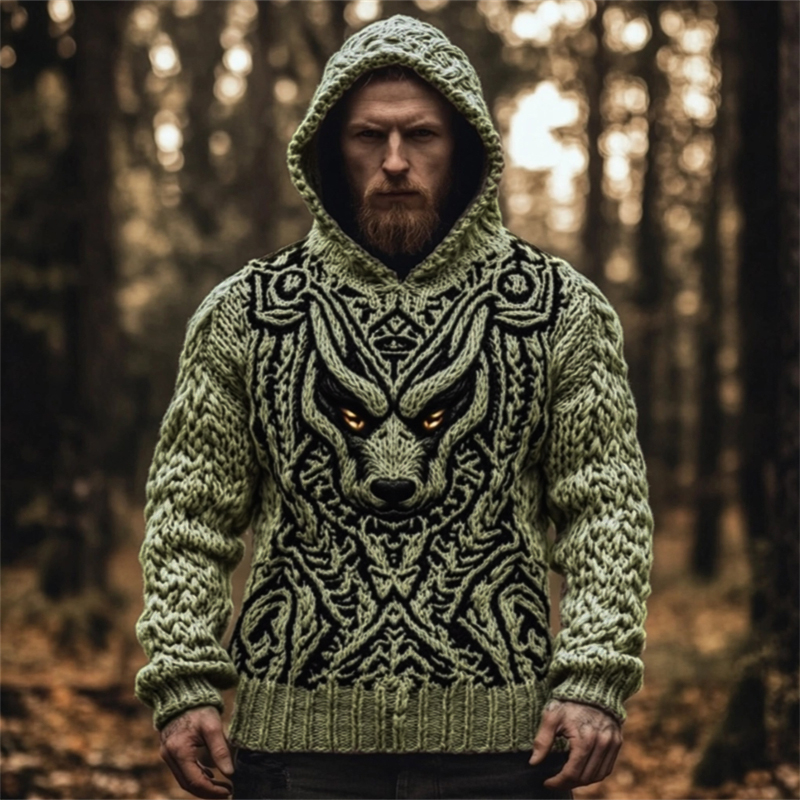 Men's Viking Wolf Celtic Cozy Chunky Hooded Sweater