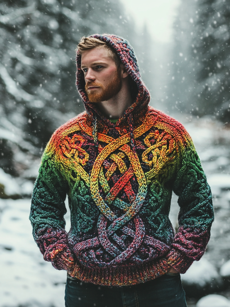 Men's Vintage Rainbow Irish Celtic Knot Jacquard Mottled Hooded Sweater