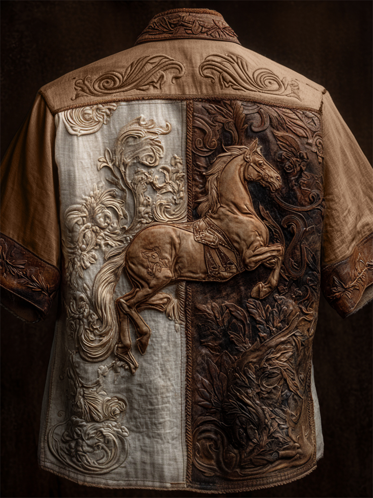 Vintage Horse Western Embossed Patchwork Linen Shirt