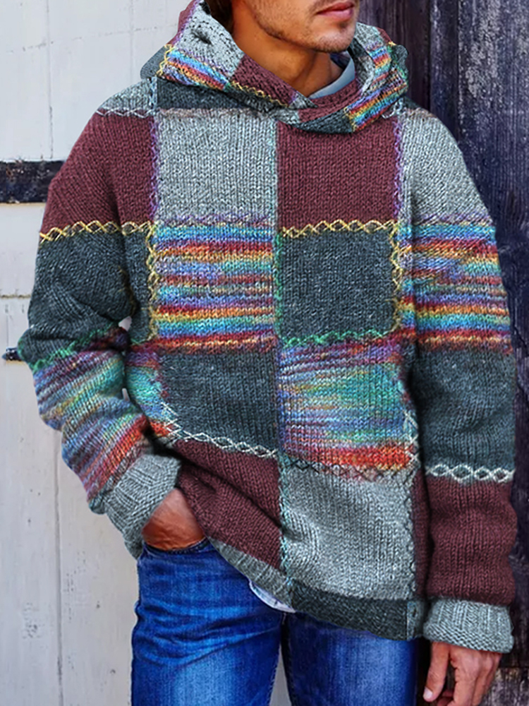 Men's Vintage Patchwork Cozy Hooded Sweater