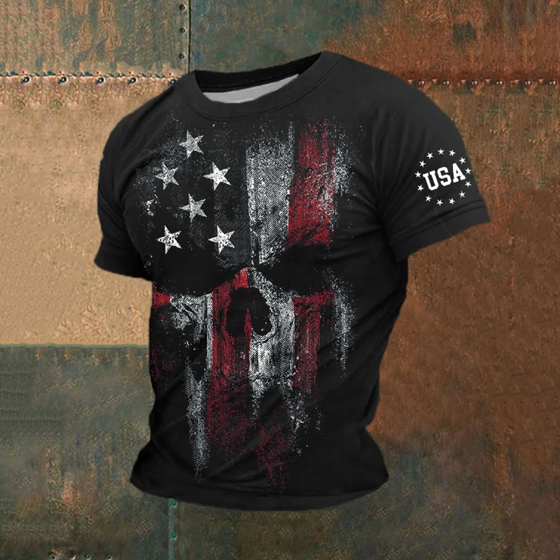 Men's Independence Day American Flag Skull Print T-Shirt