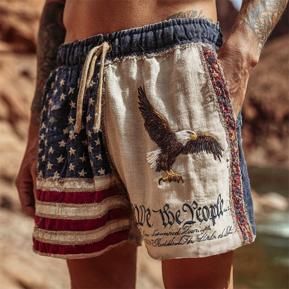 Independence Day We The People & Bald Eagle Embroidered Men's Linen Shorts